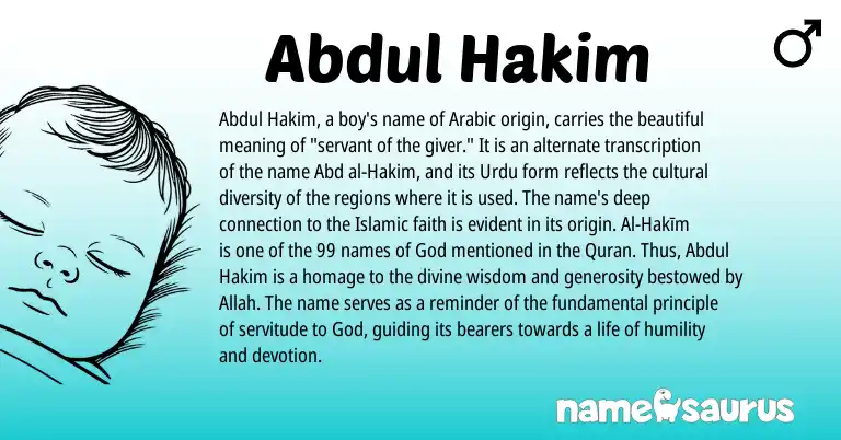 Infographic about Abdul Hakim name meaning, Abdul Hakim is a name from Urdu, Arabic origin(s).